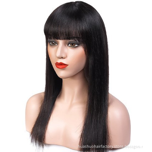 Full Machine Made Wig With Bangs No Lace  Human Hair Wigs Natural Color